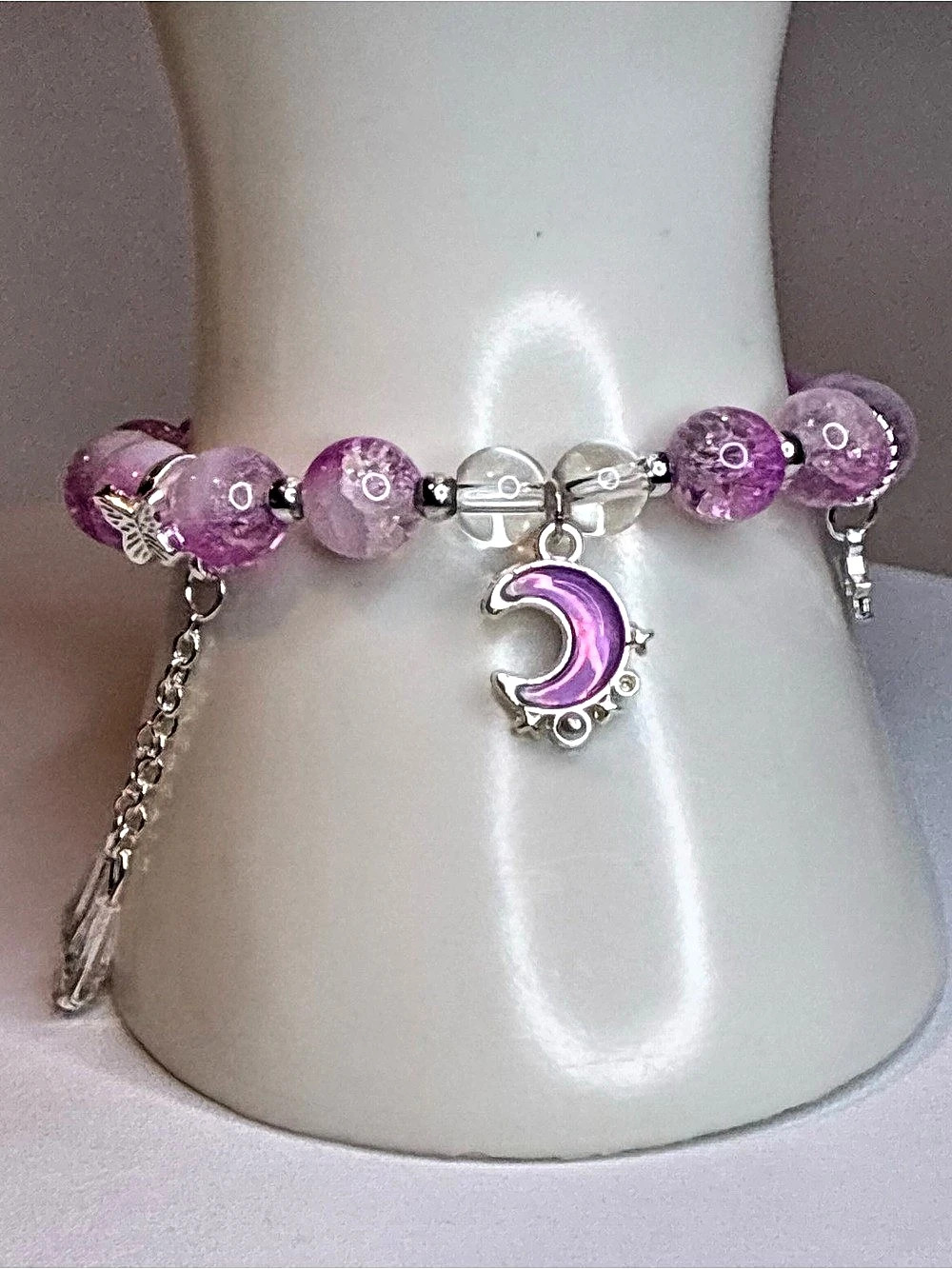 Purple & Silver Beaded Charm Bracelet